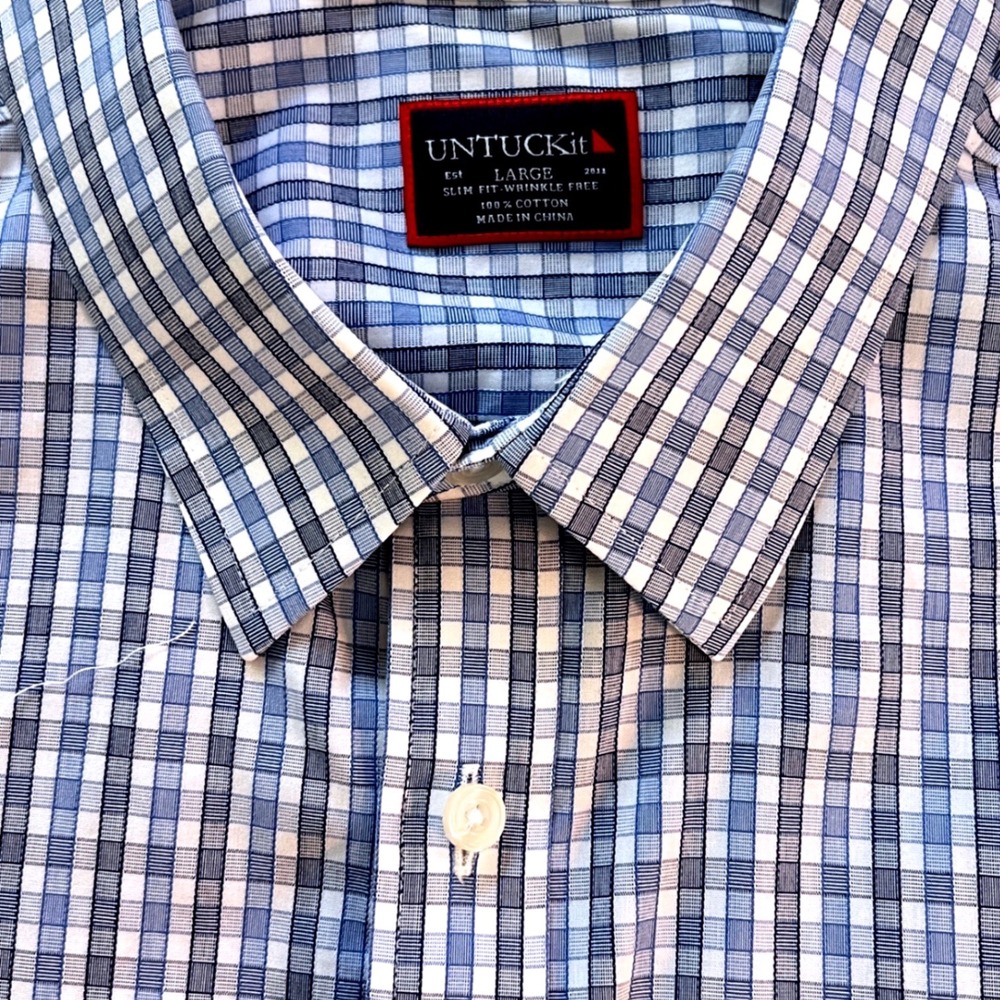 UNTUCKit‎ Button Down Shirt Large Mens Slim Fit Wrinkle Free Blue Plaid Casual